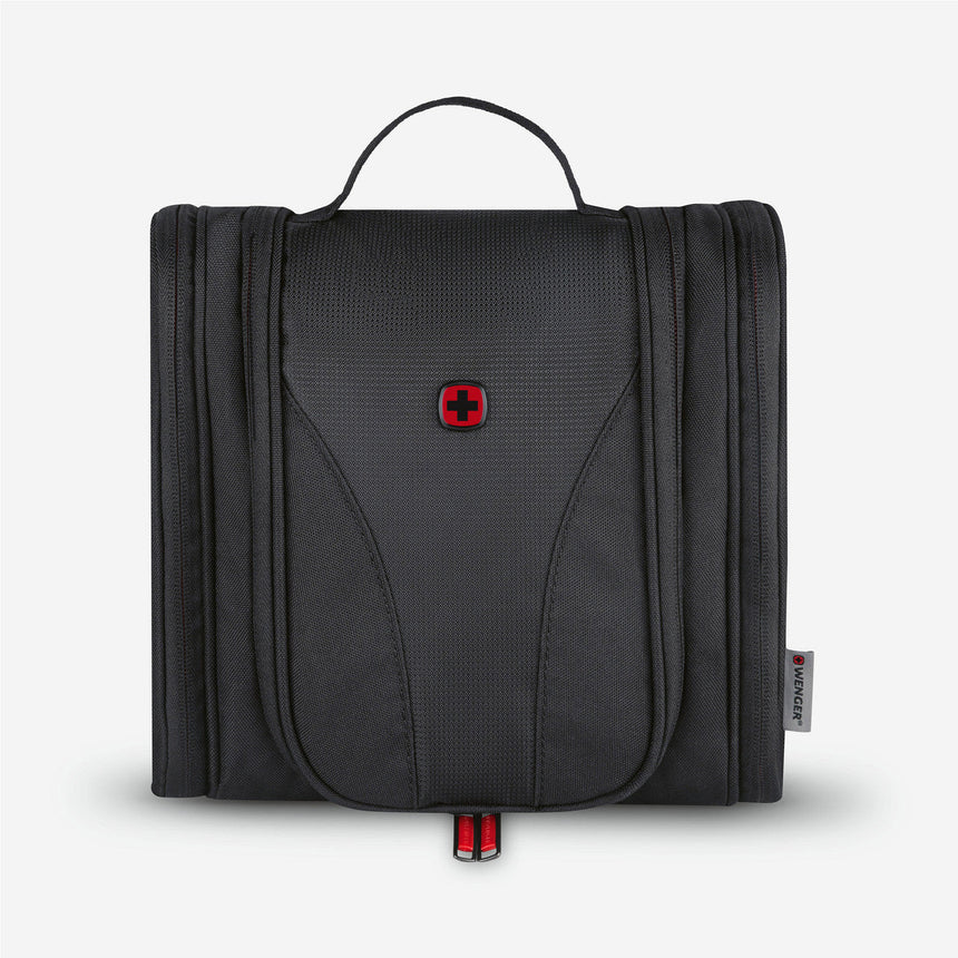 Black toiletry bag with red accents and a top handle.