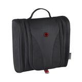 Black toiletry bag with red accents and a hanging hook.