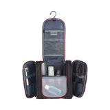 Toiletry bag or travel organizer with multiple compartments and a hanging hook.