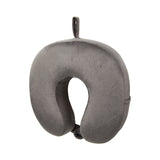 Gray U-shaped travel neck pillow with a loop for hanging.