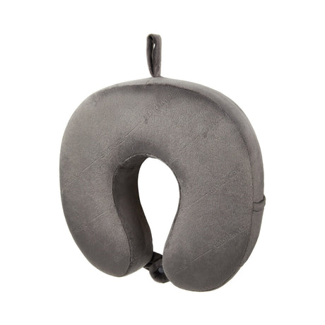 Gray U-shaped travel neck pillow with a loop for hanging.
