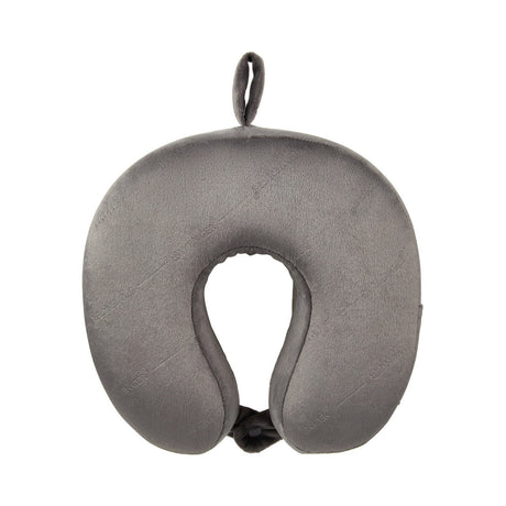 Gray U-shaped travel neck pillow with a loop for hanging.