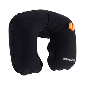 Black inflatable travel neck pillow with an orange clip and Wenger logo.