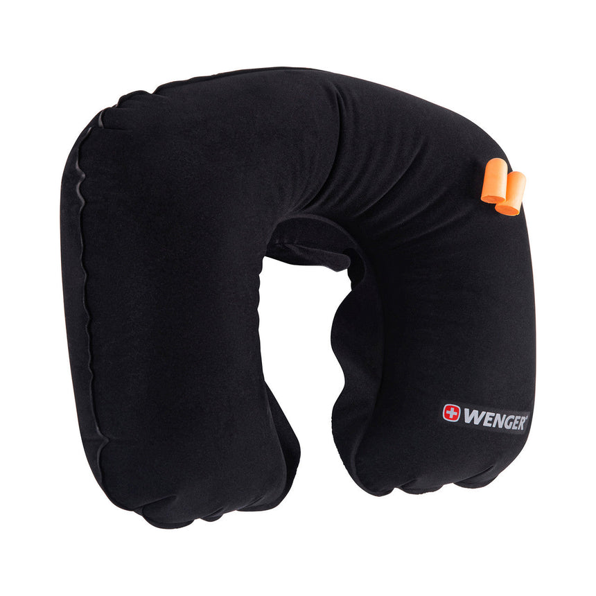 Black inflatable travel neck pillow with an orange clip and Wenger logo.