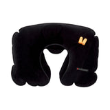 Black travel neck pillow with built-in earplugs.