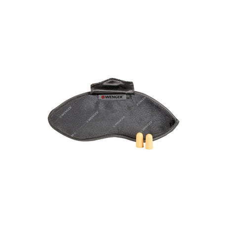 Gray eye mask with two small earplugs beside it.