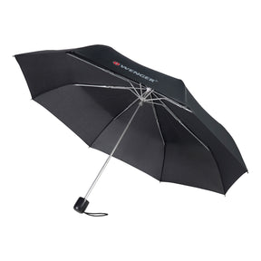 Black folding umbrella with a silver handle and frame.