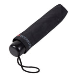 Black folding umbrella with a wrist strap.