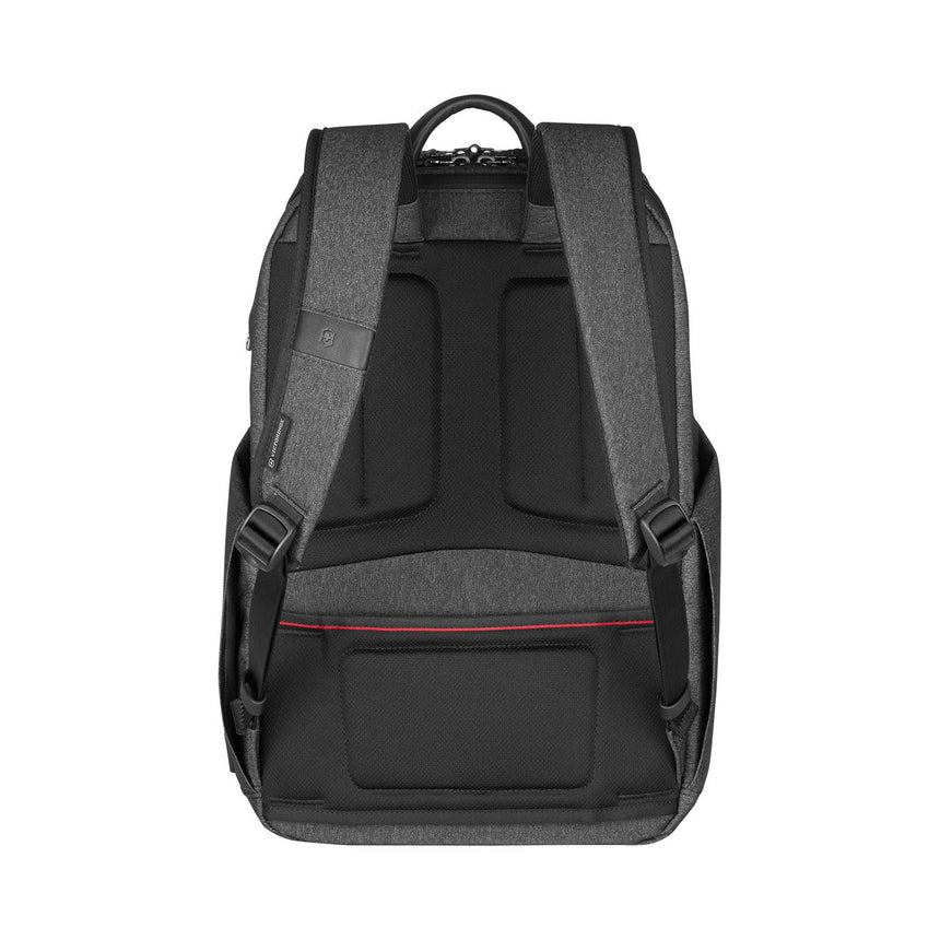 Black backpack with padded shoulder straps and a red accent stripe.