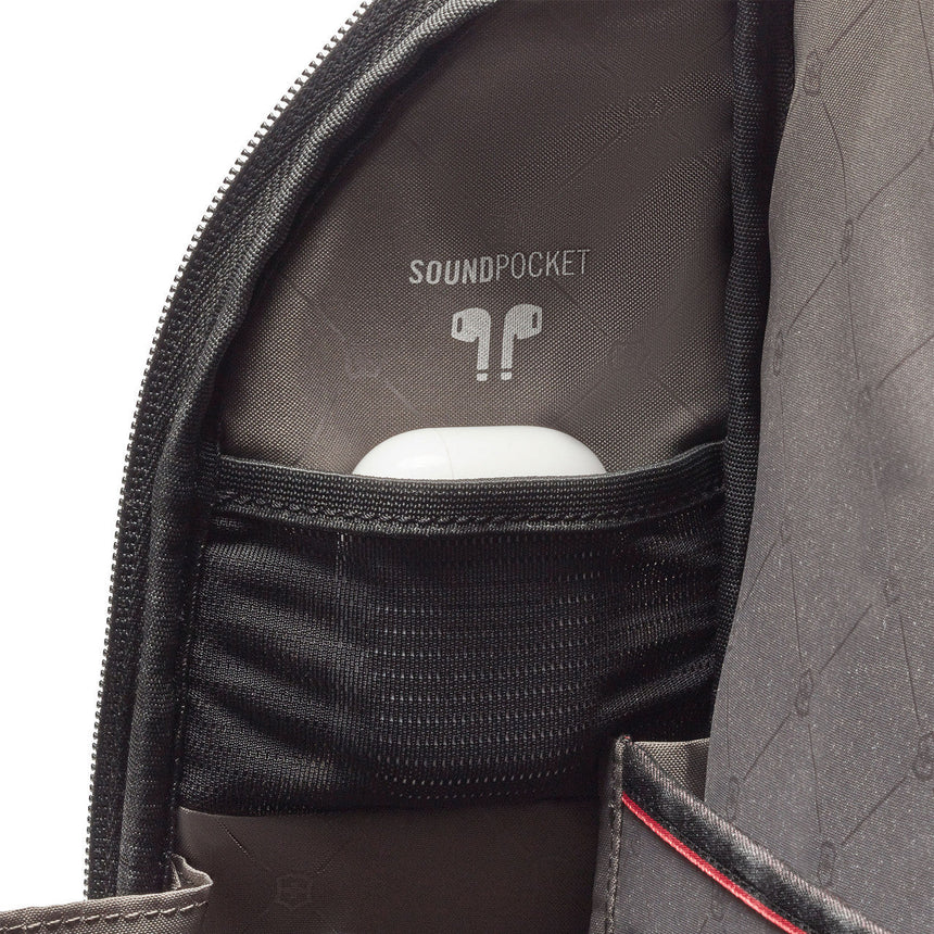 Zippered case with ’SOUNDPOCKET’ branding and an earbuds icon, designed to hold audio devices.