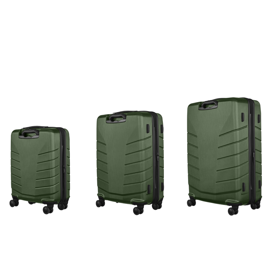 Set of three green hardshell suitcases with wheels.