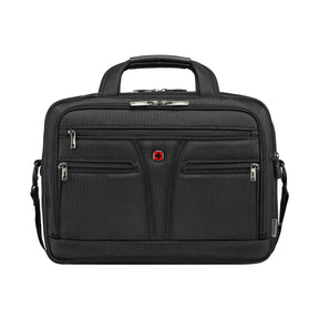 Black laptop bag with multiple zippered compartments and a red logo.