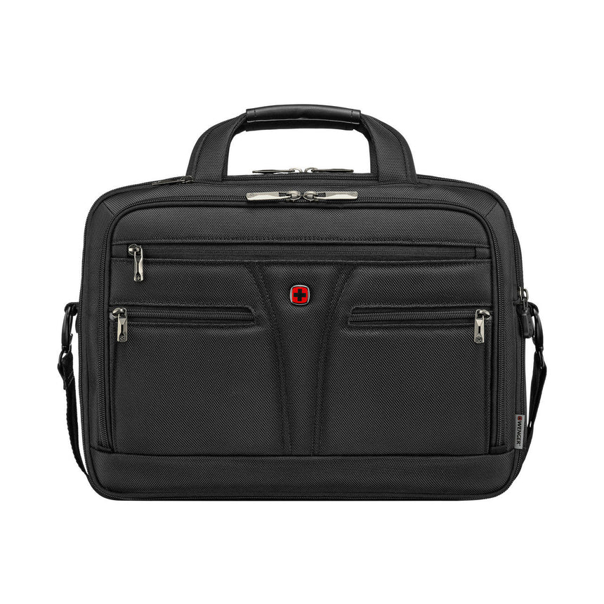 Black laptop bag with multiple zippered compartments and a red logo.