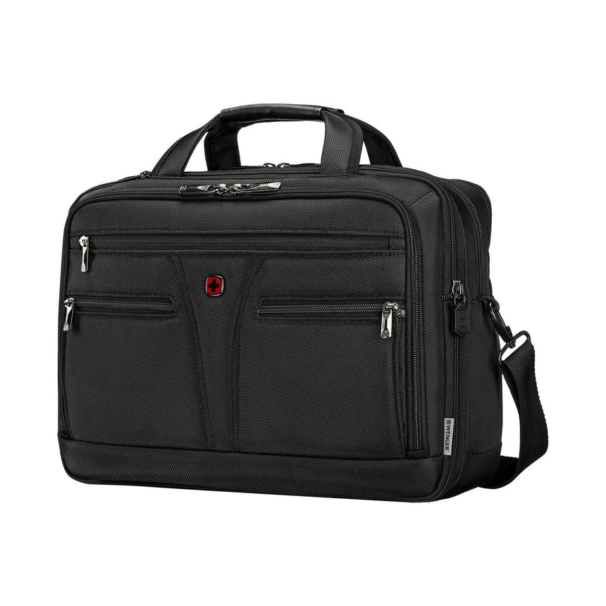 Black laptop bag or briefcase with multiple compartments and a shoulder strap.