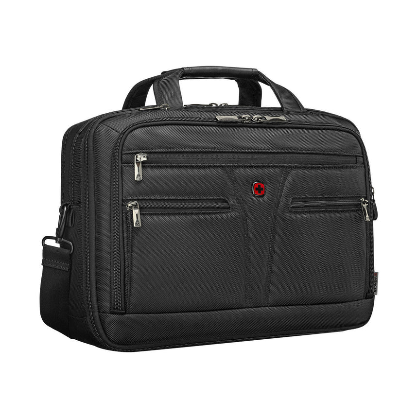 Black laptop bag with multiple zippered compartments and a shoulder strap.