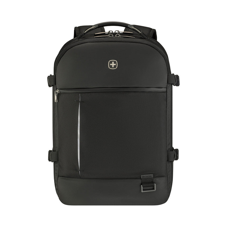 Black backpack with multiple compartments and a Swiss Army logo.