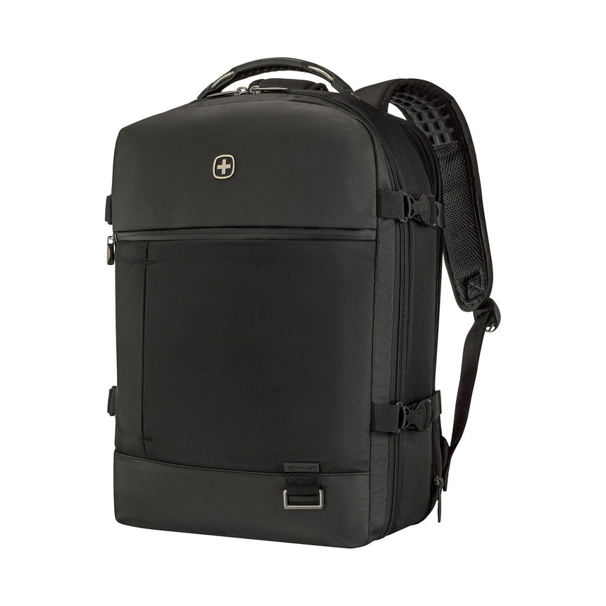 Black travel backpack with multiple compartments and padded straps.