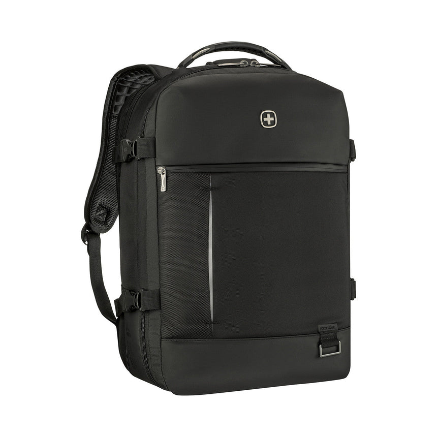 Black backpack with multiple compartments and a Swiss Army logo.