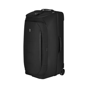 Black wheeled travel suitcase with multiple compartments.