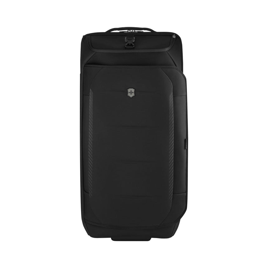 Black wheeled suitcase with a front pocket and handle.