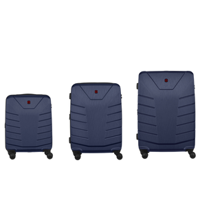 Set of three navy blue hardshell suitcases with ribbed exterior design.