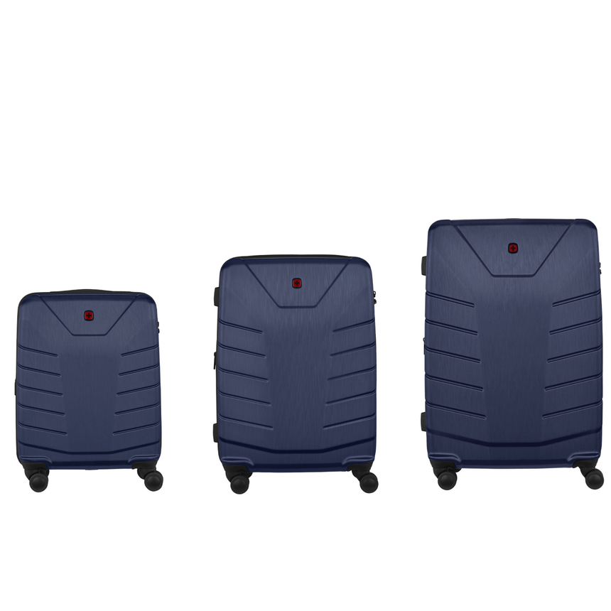 Set of three navy blue hardshell suitcases with ribbed exterior design.