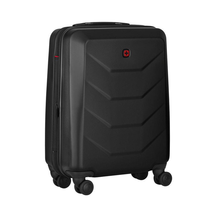 Black hardshell rolling suitcase with a geometric pattern and red accents.
