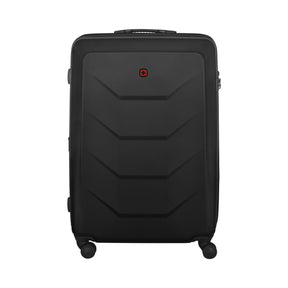 Black hardshell rolling suitcase with a Swiss Army logo.