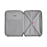 Open suitcase with two compartments, one side flat and the other with a zippered mesh pocket.