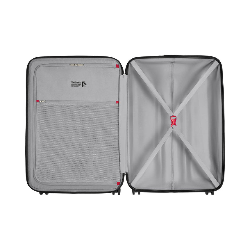 Open suitcase with two compartments, one side flat and the other with a zippered mesh pocket.