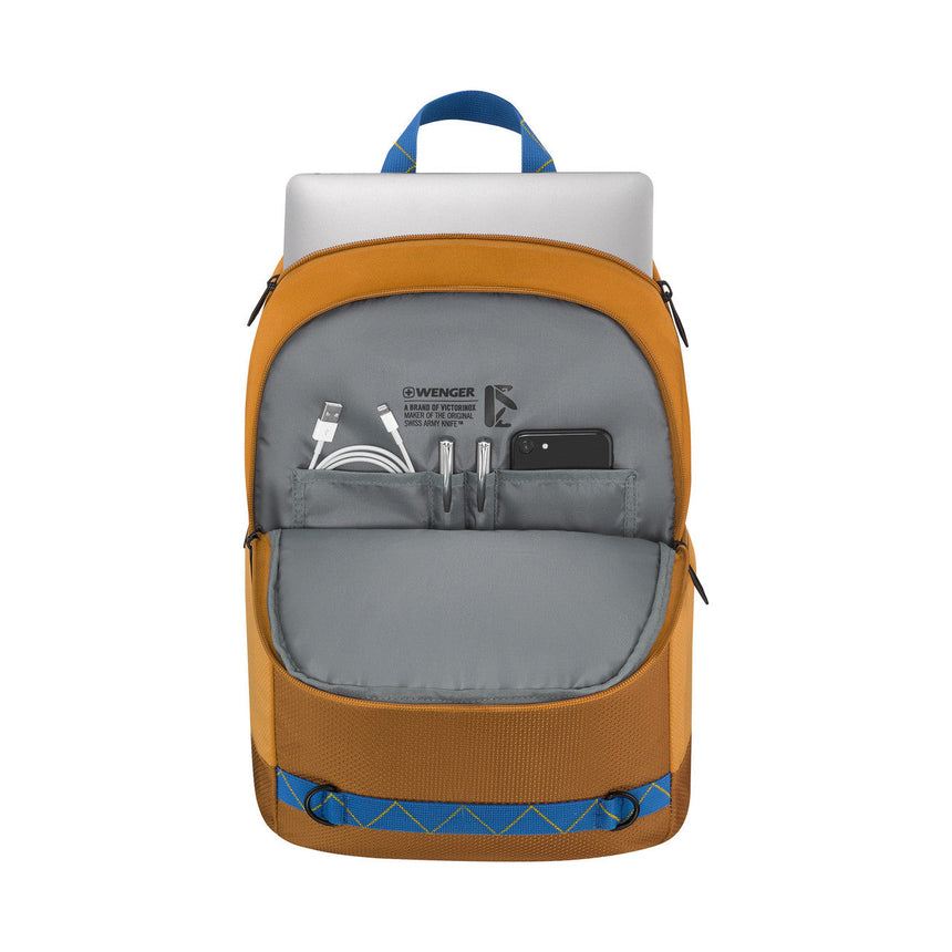Colorful backpack with an open front compartment displaying storage pockets for electronics and accessories.