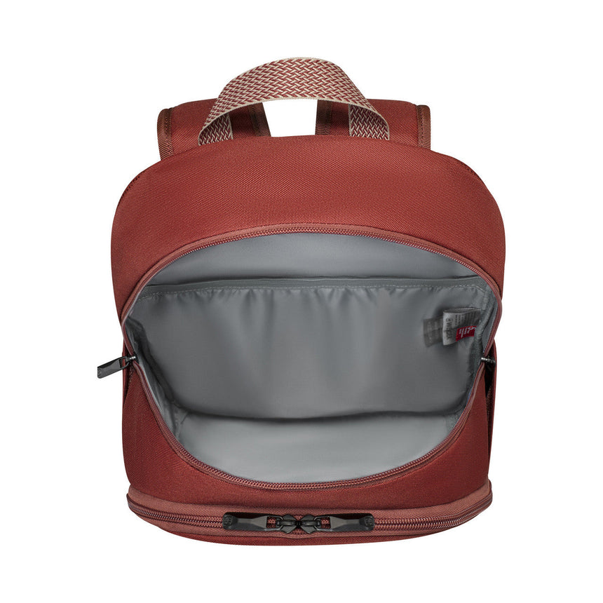 Burgundy backpack with a gray interior compartment visible through an open zipper.