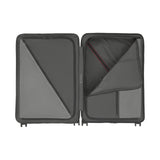 Open suitcase with compartments for organizing belongings.