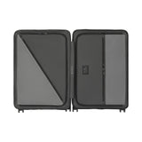 Open suitcase with compartments for organizing belongings.