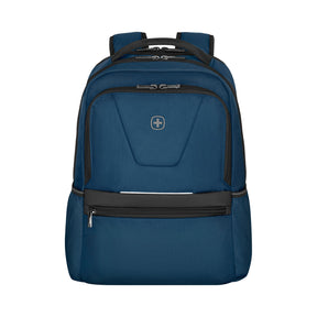 Blue backpack with multiple compartments and a Swiss cross logo.