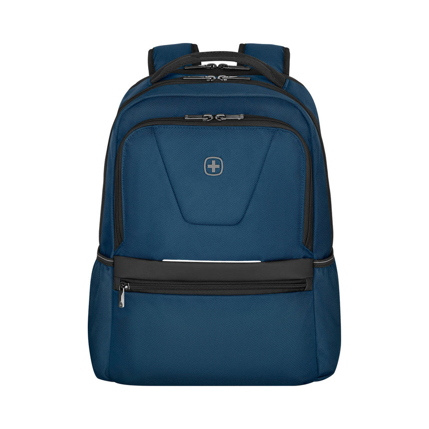 Blue backpack with multiple compartments and a Swiss cross logo.