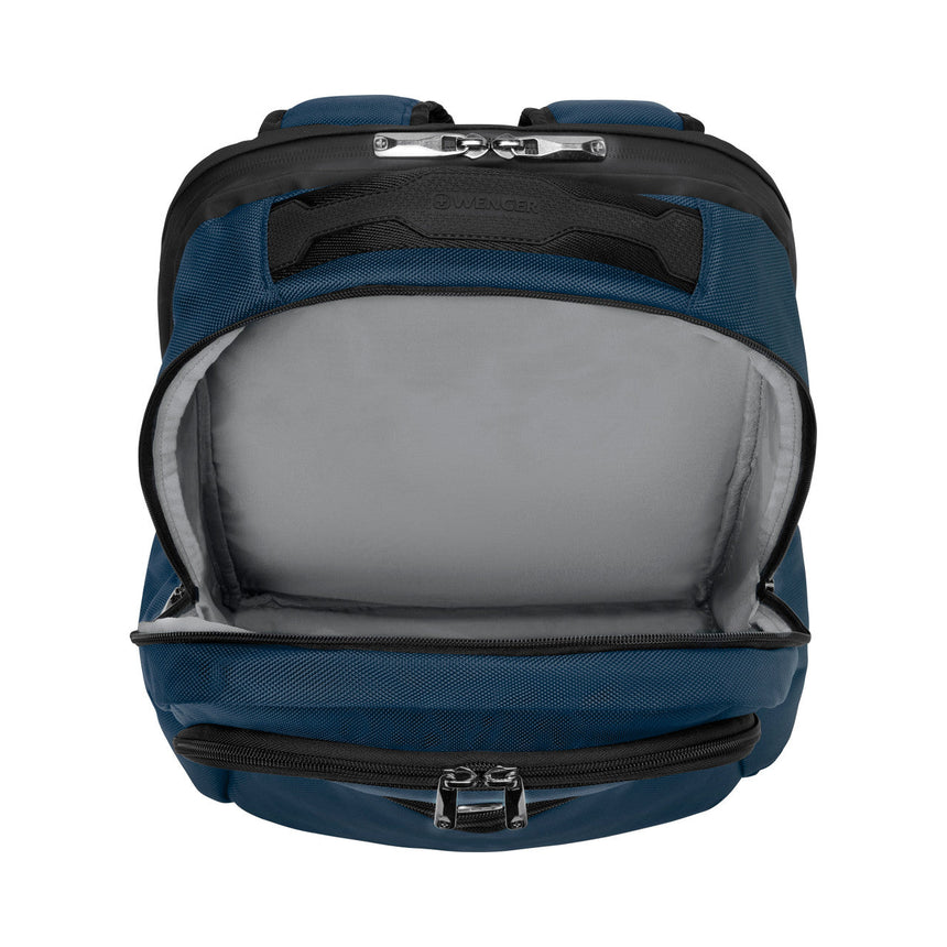Blue and black backpack with an open main compartment revealing a light gray interior.