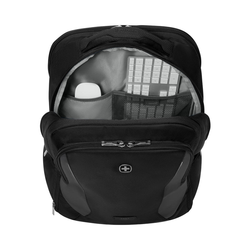 Black laptop backpack with an open compartment showing interior storage.
