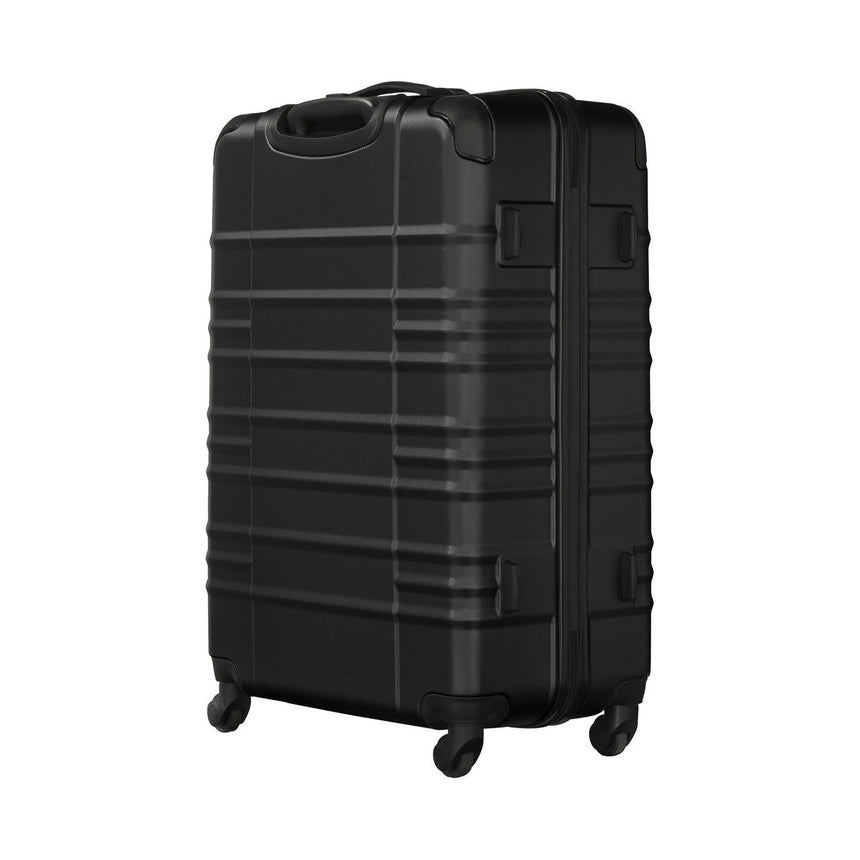 Black hardshell rolling suitcase with horizontal ridges.
