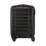 Black hardshell rolling suitcase with horizontal ridges and a red logo.