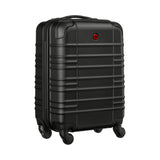Black hardshell rolling suitcase with horizontal ridges and a small red logo.