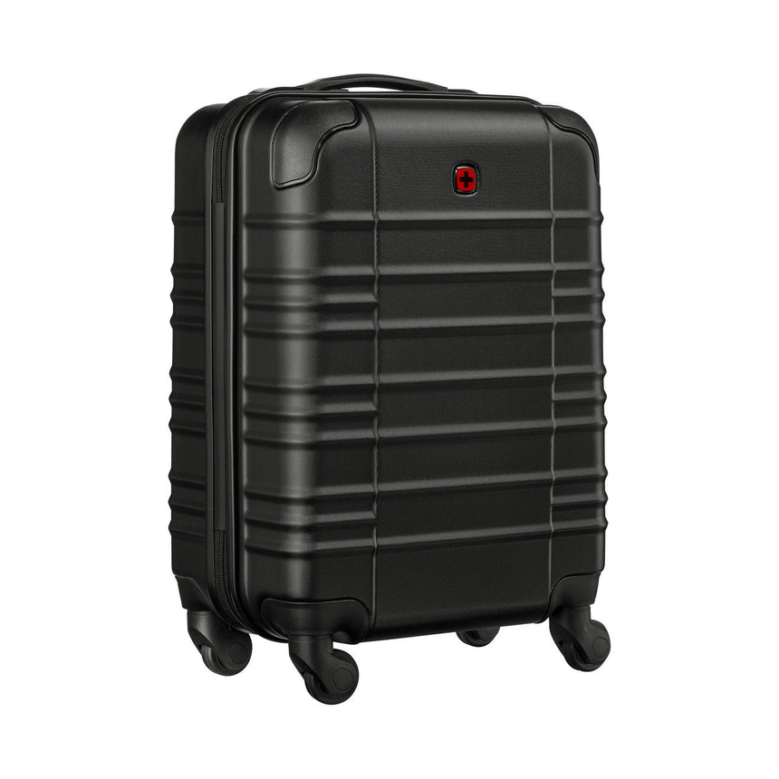 Black hardshell rolling suitcase with horizontal ridges and a small red logo.