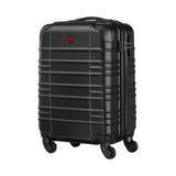 Black hard-shell rolling suitcase with horizontal ridges and a small red logo.