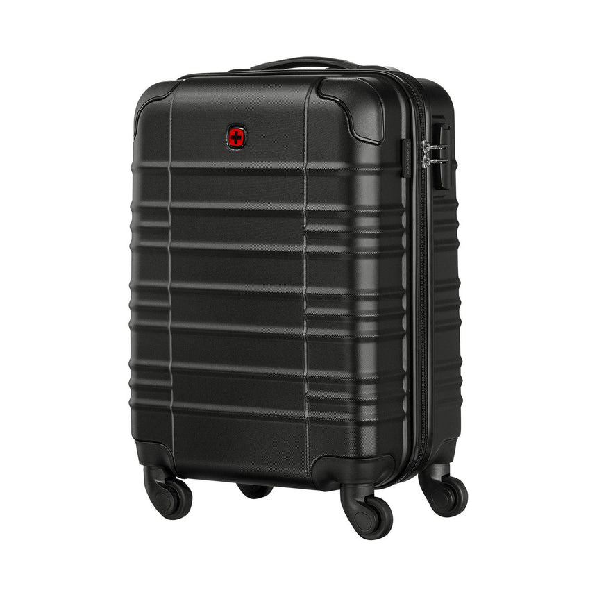 Black hard-shell rolling suitcase with horizontal ridges and a small red logo.