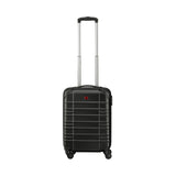 Black hard-shell rolling suitcase with extendable handle.