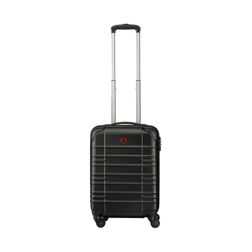 Black hard-shell rolling suitcase with extendable handle.