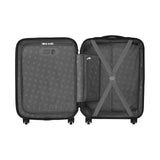 Open hard-shell suitcase showing interior compartments and straps.