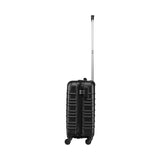 Black hard-shell rolling suitcase with an extendable handle.