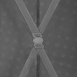 Suspender clip or fastener connecting two straps in an X-shape.