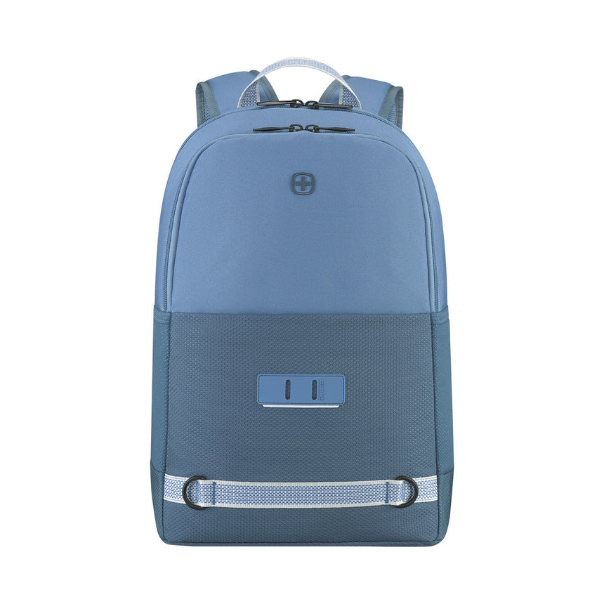 Blue backpack with two-tone design and reflective strap.